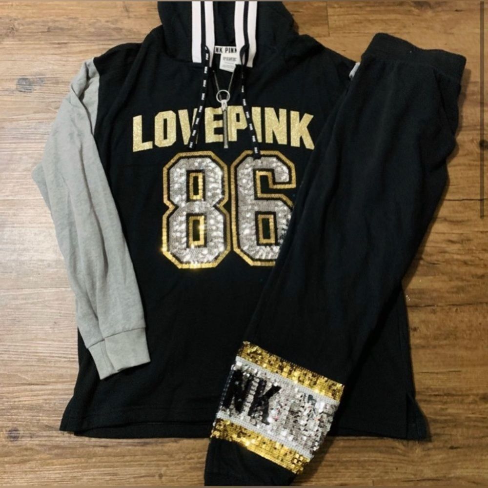 PINK VS 86 BLING PULLOVER HOODIE/ JOGGERS OUTFIT M